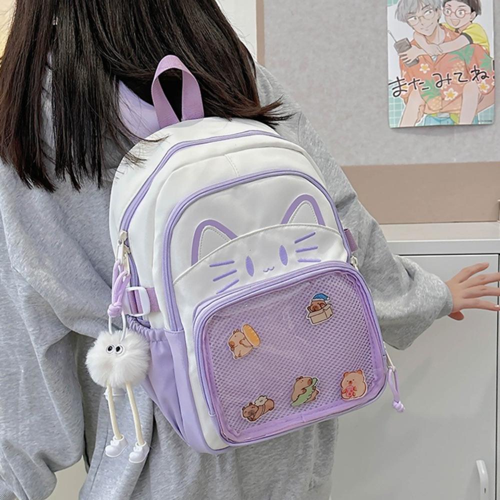 Zaini Ita Gatto Carino Y2K Grande Capacità Zaini Casual Ragazza Trasparente Display DIY Zaini Cartone Animato Tendenza Borse da Viaggio Scolastiche