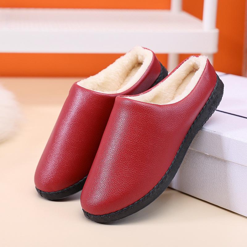 25 new winter women's cotton slippers home warm piled thickened pu waterproof soft sole non-slip middle-aged and elderly mother shoes