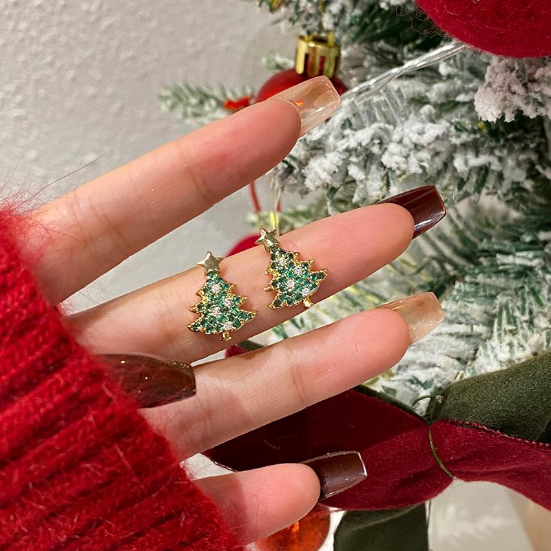 Korean Style Christmas Tree Earrings for Women - New Year Theme, High-End Niche Silver Studs