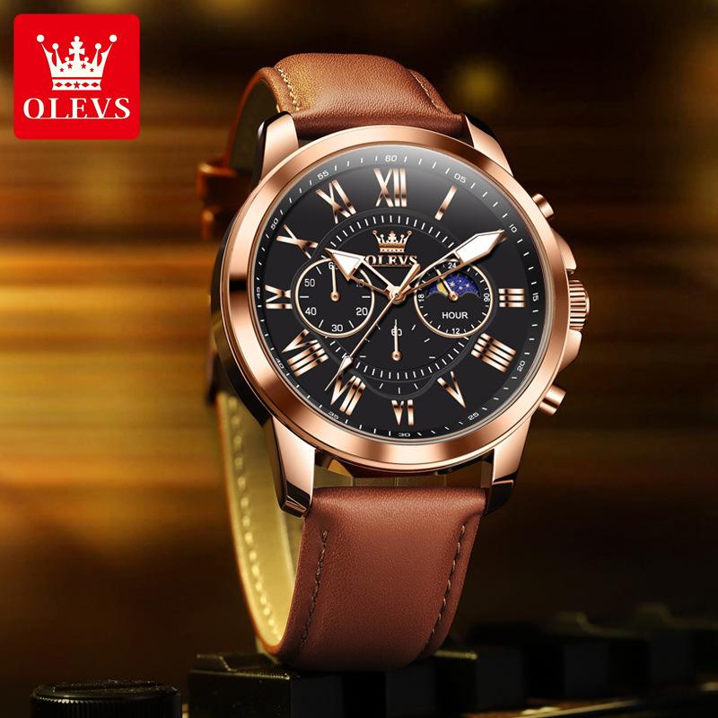 Men's Sports Timing Waterproof Luminous Moon Phase Quartz Watch Three Eye Dial Holiday Gift Business Watch