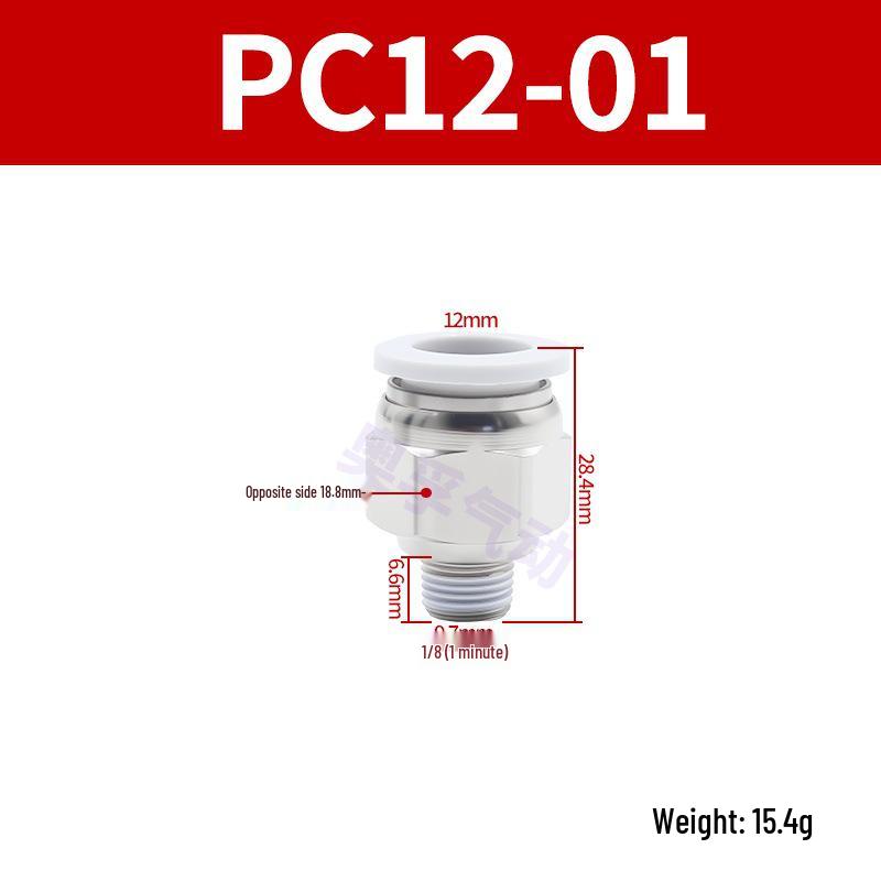 White Pneumatic Quick Connect Fittings, External Thread, PC4/6/8/10/12/14/16-M5/M6, Sizes 01-06