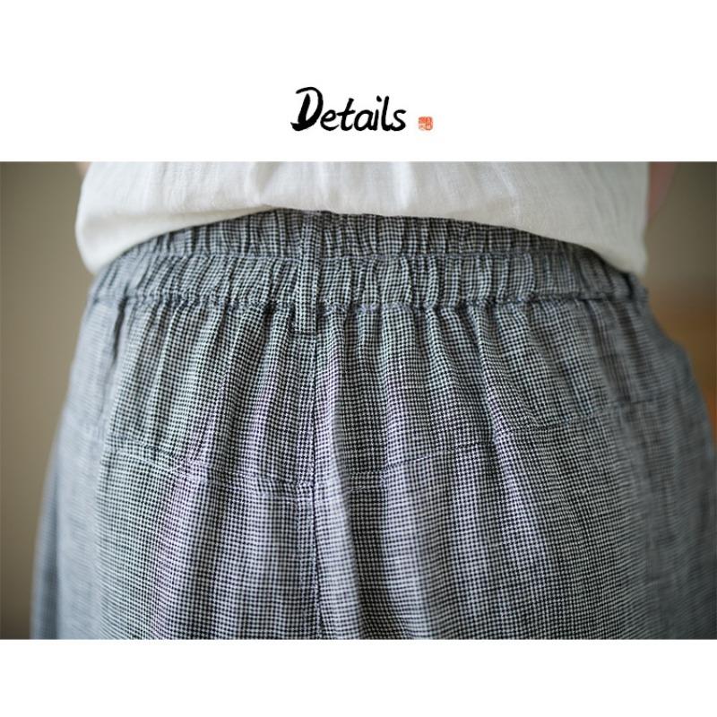 Pantalon à carreaux rétro artistique de printemps et d'été avec taille élastique, coton et lin, pantalon décontracté pour femmes