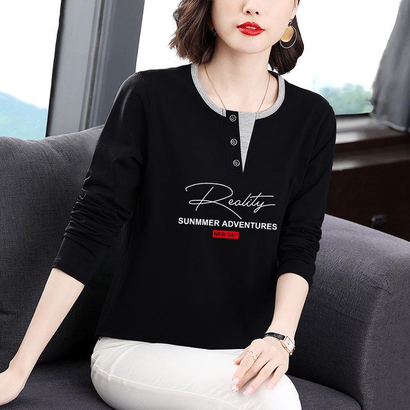 Dámské tričko s dlouhým rukávem z čisté bavlny - 2025 Korejská móda, Všestranné, Volný střih, Omlazující potisk na jaro a podzim.