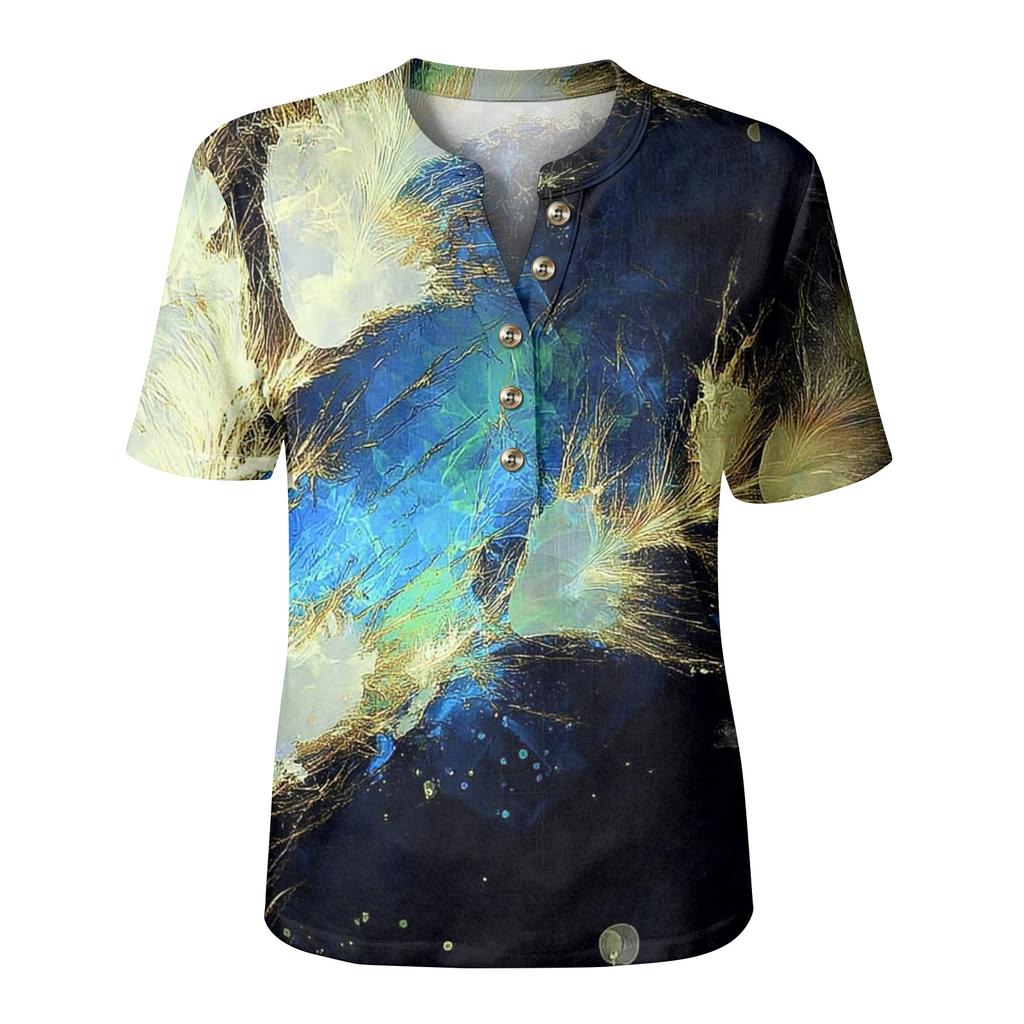 Women's Short Sleeve Trendy Printed Shirt Cotton Linen Lightweight Comfortable Button Placket Casual Summer Blouse Top