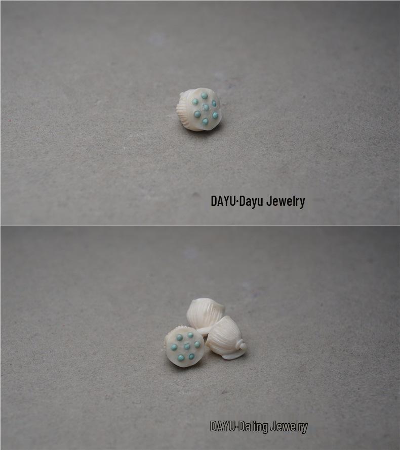 Natural Mammoth Ivory Carving with Turquoise Lotus Pod Hand Chain Accessory.