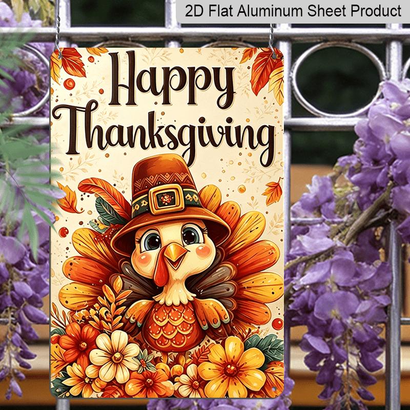 2D Flat, 1pc Thanksgiving Cartoon Bird Floral Aluminum Decorative Sign & Plaque, Thanksgiving Party Wall Decor, Dining Room Wall Art, Kitchen