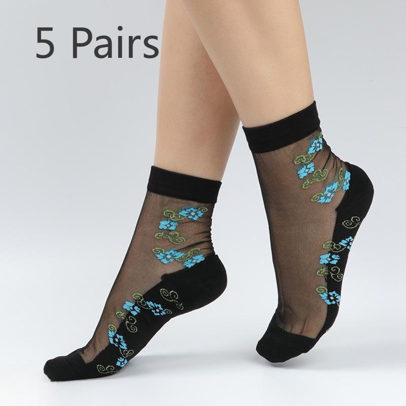 

5 пар женских весенне-летних тонких носков-гольф с цветочным узором из анти-шелка с прозрачными хлопковыми подошвами 5 Pairs