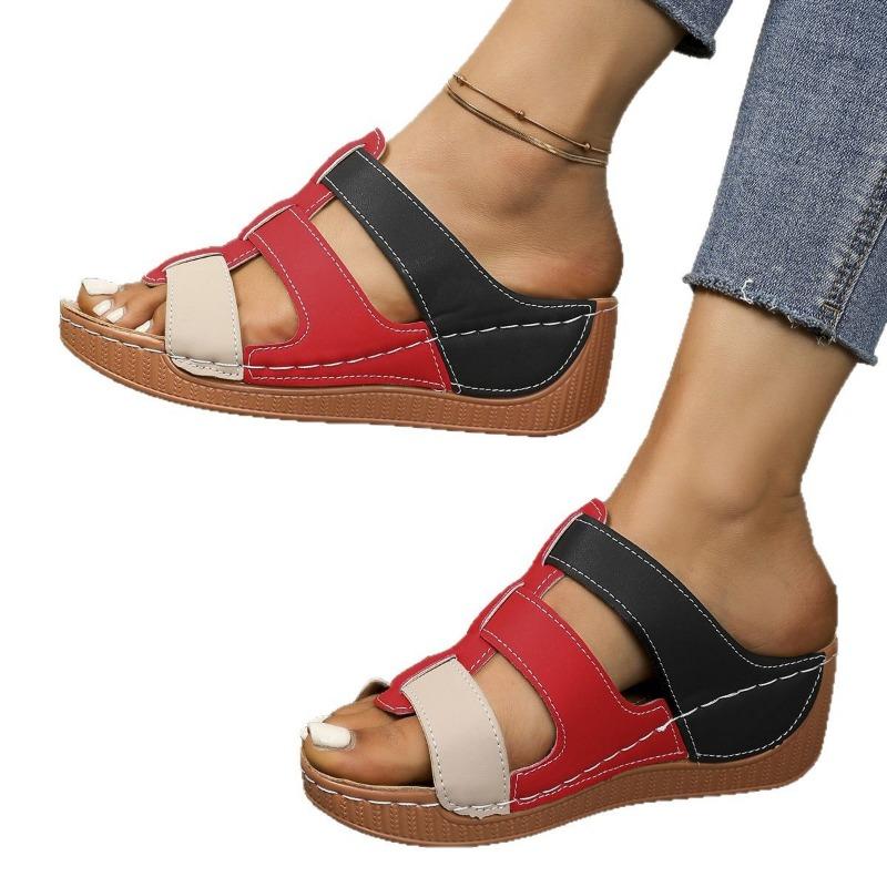 Color matching hollow thick-soled one-word slippers women's new sewing line slope heel beach cool slippers