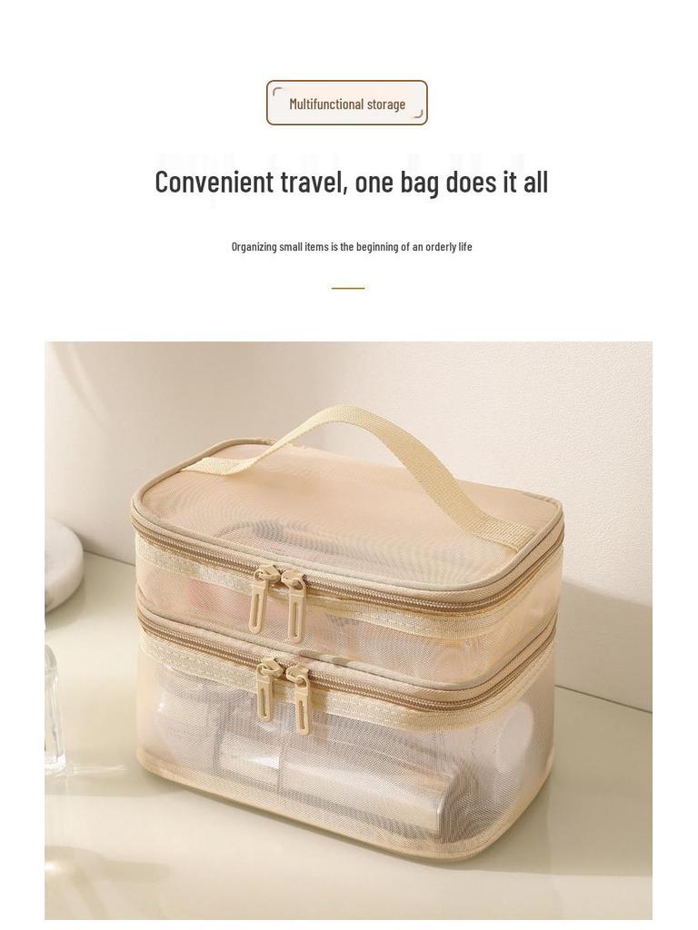 Large Capacity Double Layer Mesh Makeup & Toiletry Bag - Portable Travel Cosmetic Storage