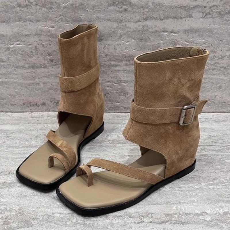 

Летние коричневые ботильоны с внутренним увеличением высоты, мысок Маллард, крутые ботинки, женская обувь 2025 лето, путешествие в Синьцзян с юбкой, короткие ботинки 39 хаки