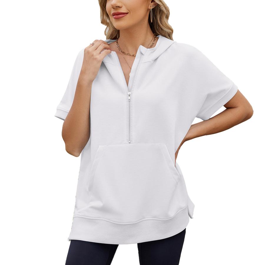 Spring Summer Loose Hooded Pullover Sweatshirt T-Shirt Top with Zipper Pocket