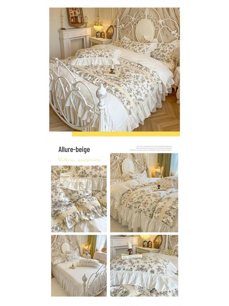G5Z Princess Heart Cotton Four-Piece Bedding Set with Ruffled Skirt
