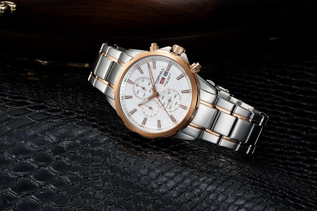 TOPHILL Watch Business Quartz Arm Watch Chronograph 316L Stainless Steel Band Easy To See Luminous 50M Water Resistant Present Arm Watch for Men Rose