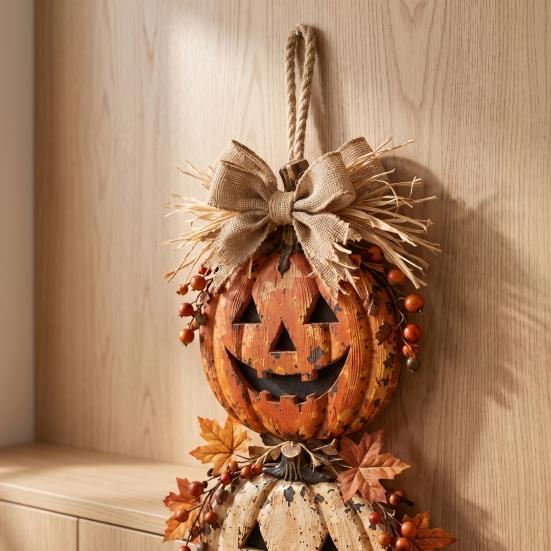 Durable Composite Resin Craft Halloween Stacked Pumpkin Door Hanger, Vintage Jack‑O‑Lantern Wall Hanging Ornament, Farmhouse Fall Home Accents