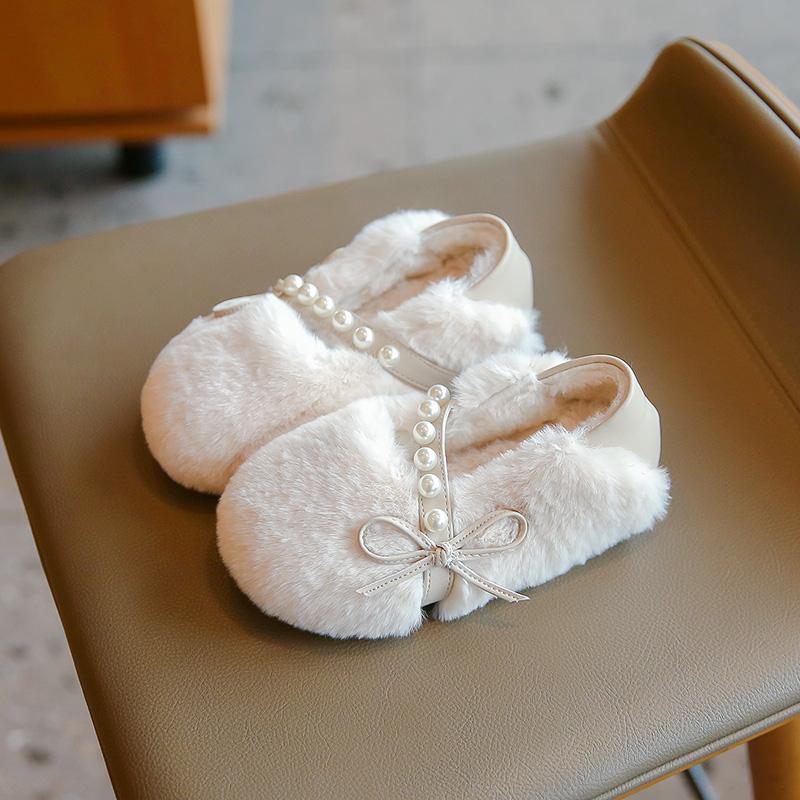 New Kids' Winter Shoes Warm Plush Girls Causal Princess Cotton Shoes Fashion Bowtie Children's Soft Moccasin Flat Shoes Simple