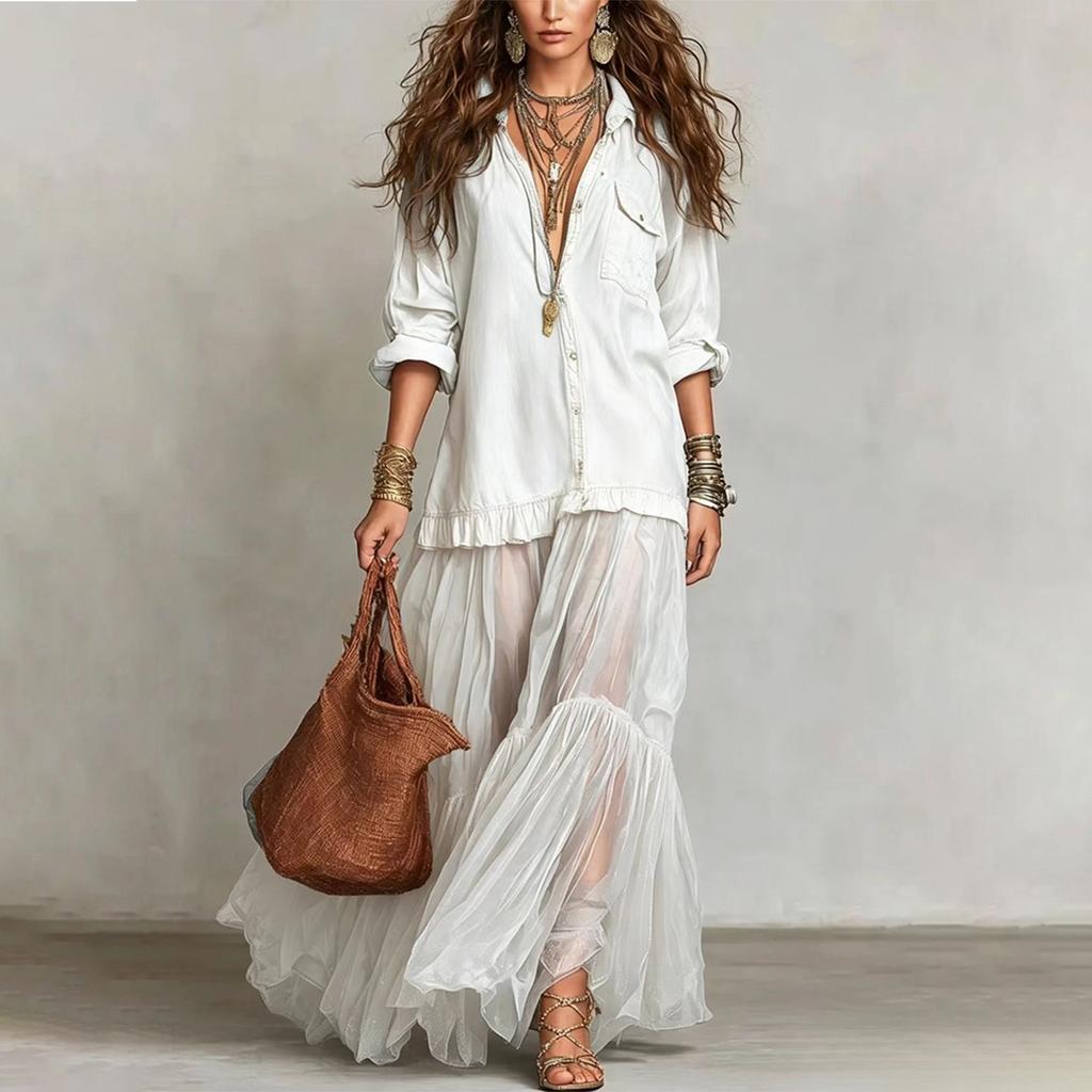 Women's Retro Faux Denim Long Sleeve Midi Dress with Pockets – Color Lapel Collar for Casual Everyday Wear