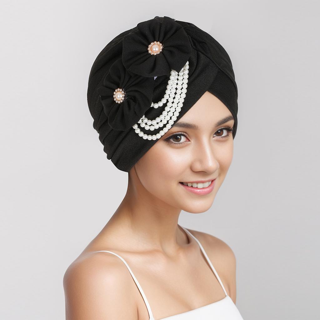Pearls Beading Turban Cap for Women Flower Design Female Head Wraps Muslim Headscarf Bonnet Hairloss Hat Cover