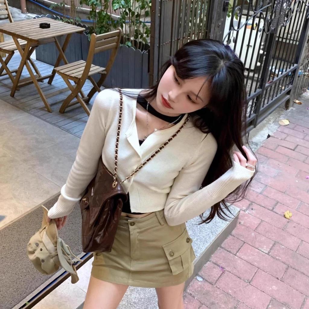 Khaki A-line Workwear Mini Denim Skirt - Spicy Girl Women's Sexy Summer Bodycon Skirt with Pockets