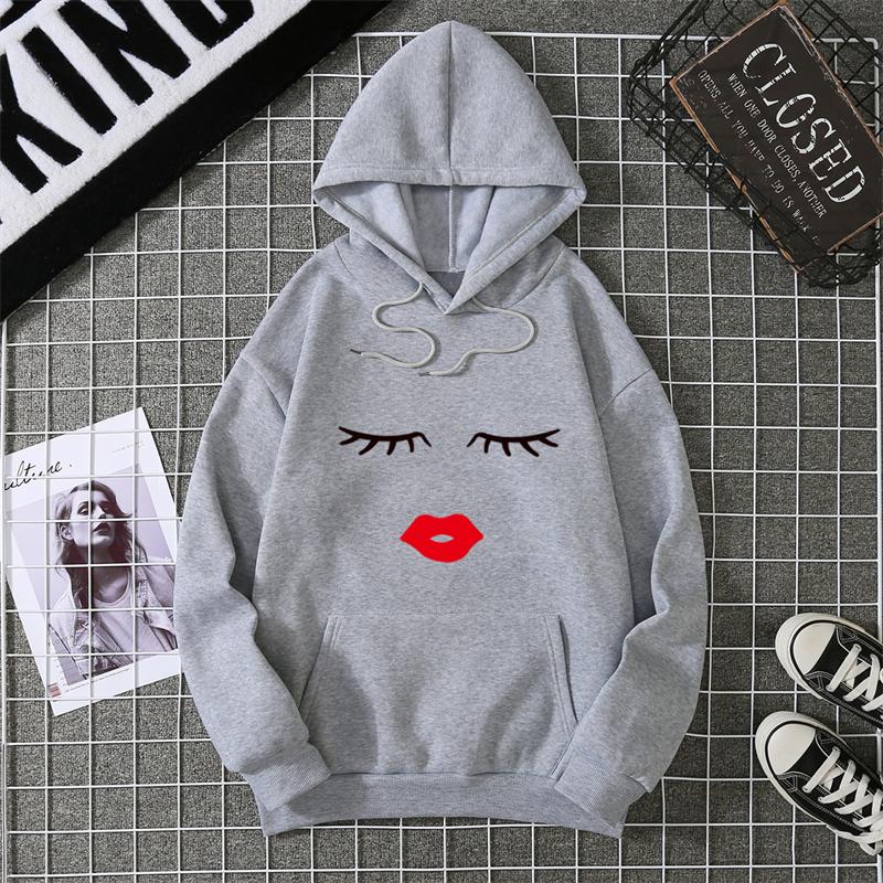 Pretty Cute Eye Lashes Red Lips Print Women Hoodie Summer Short Sleeve O Neck T-shirt Ladies White Hooded Sweatshirt