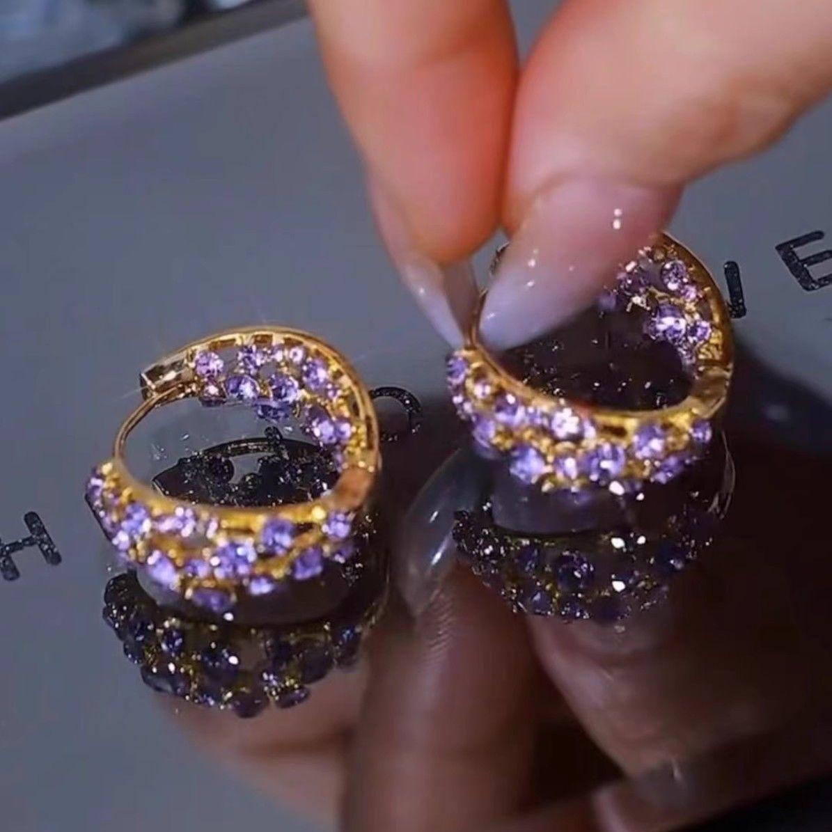 

Горячие блестящие фиолетовые натуральные циркониевые обручальные кольца невесты серьги для женщин тренд 585 розовое золото цвет ежедневные изящные ювелирные изделия кристалл подарок фиолетовый