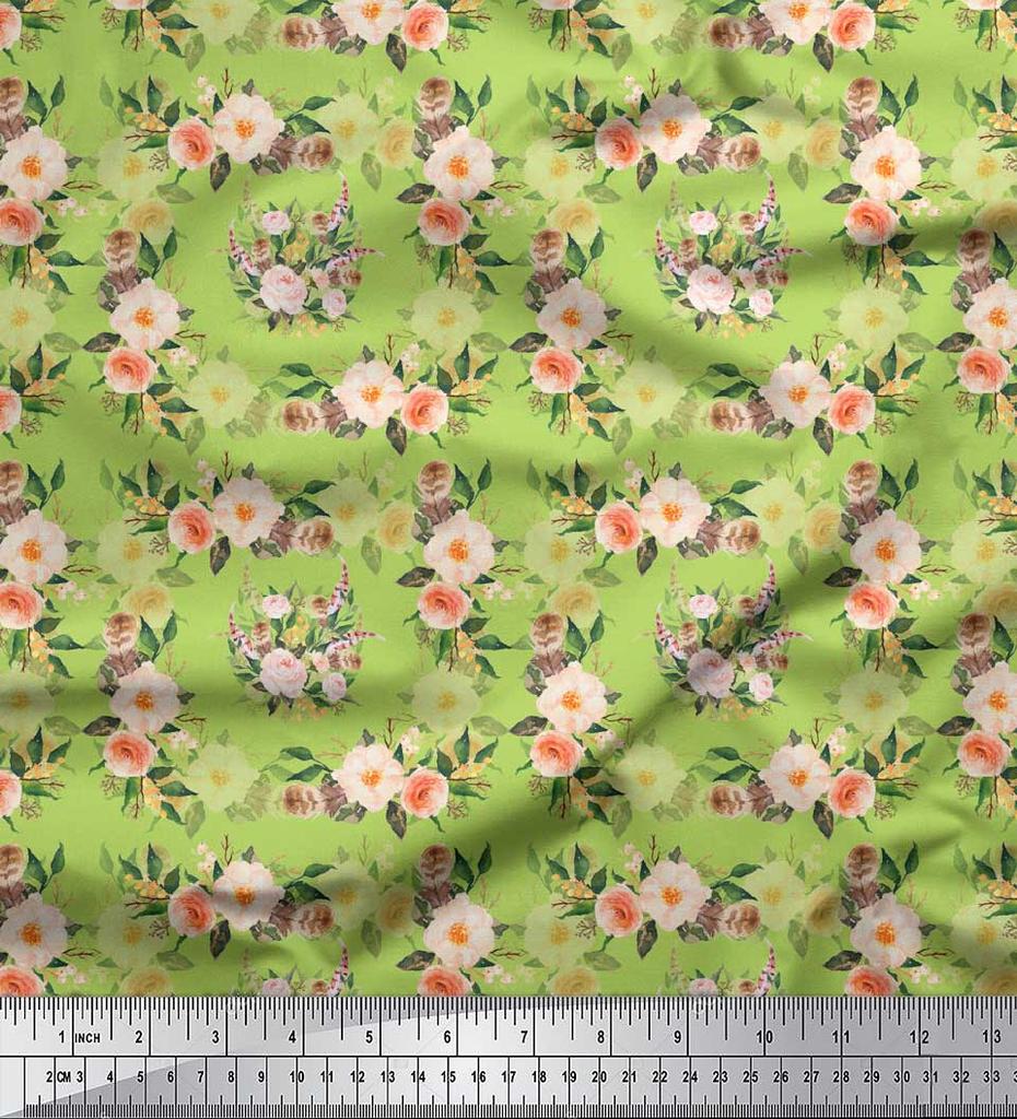 Soimoi Blue Poly Crepe Fabric Begonia & Peony Floral Print Fabric by the Yard 42 Inch