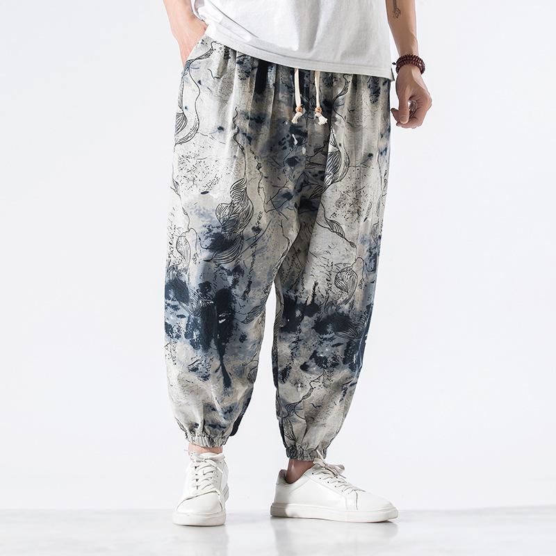 2023 Men's Chinese Style Loose Cotton Linen Printed Harem Cropped Pants, Plus Size Fashion Casual Skinny Pants