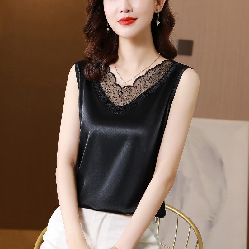 

Модный кружевной жилет-камисоль для женщин летом, атласная майка с V-образным вырезом для верхней одежды, костюм для топа без рукавов маленького размера XL