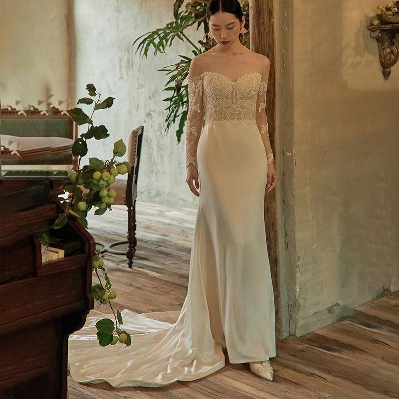 French Hepburn Style Wedding Dress New Bridal Mori Super Fairy Shoulder Welcome Dress Long Sleeve Fishtail Light Dress