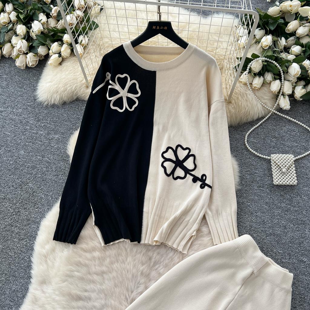 Autumn Winter Women Casual Plate Flower Knitted Sweater Trouser Two Piece Set O-neck Pullover Tops and Wide Leg Pant Suit