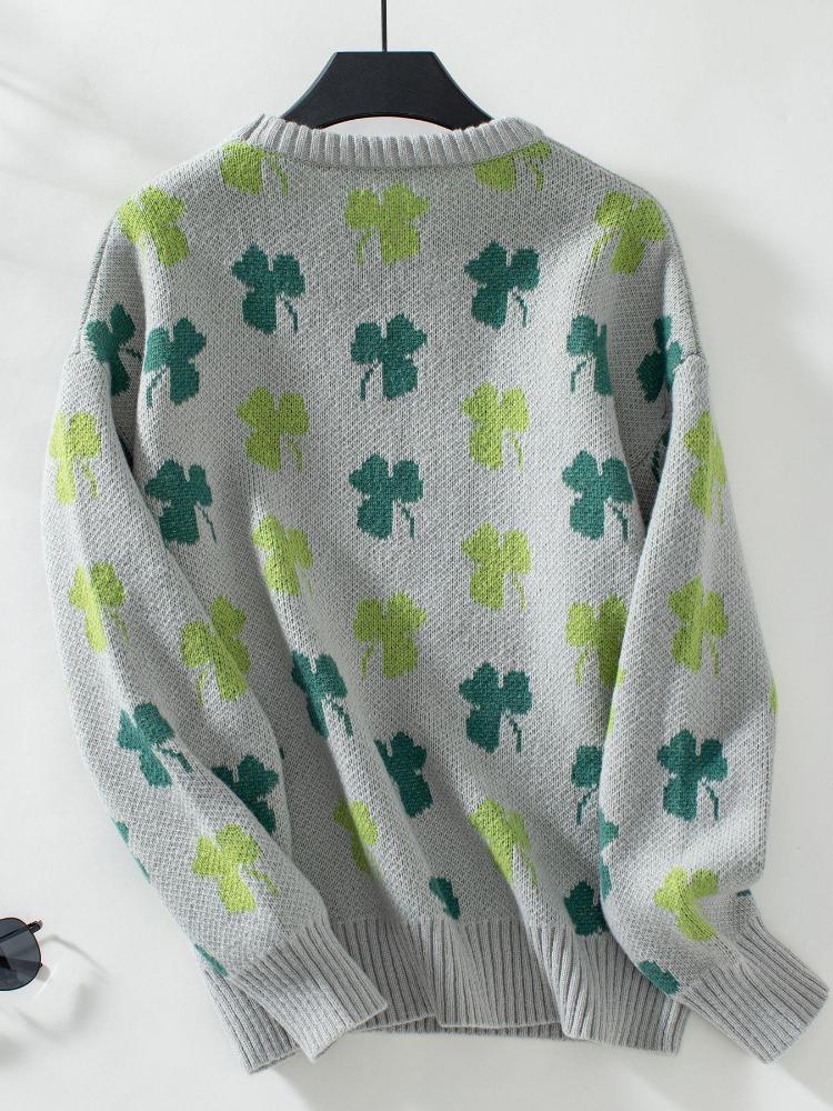 Vintage Print Loose Knitwear Cardigan Long Sleeve O Neck Sweater Autumn Winter Top