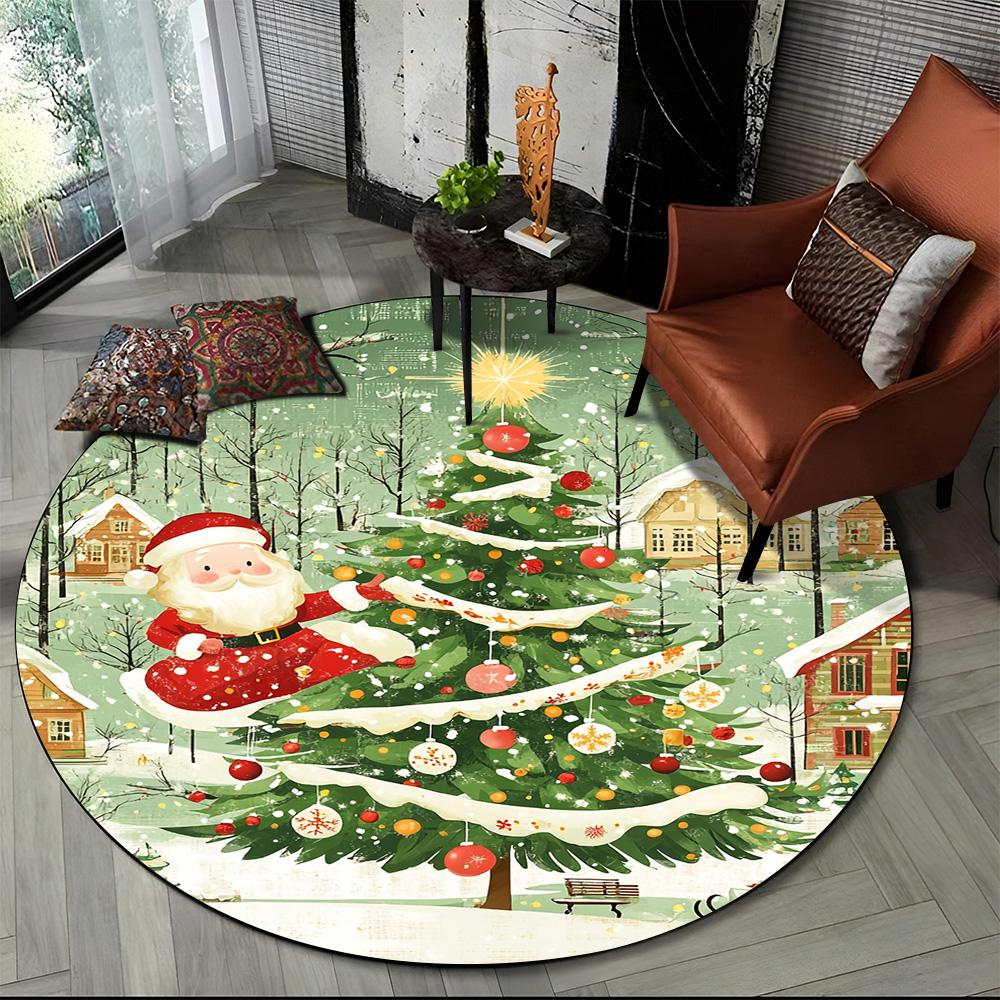 Cartoon Santa Claus Merry Christmas Snowman New Year Round Carpet Rug for Bedroom Living Room Sofa Decoration,Decor Floor Mat