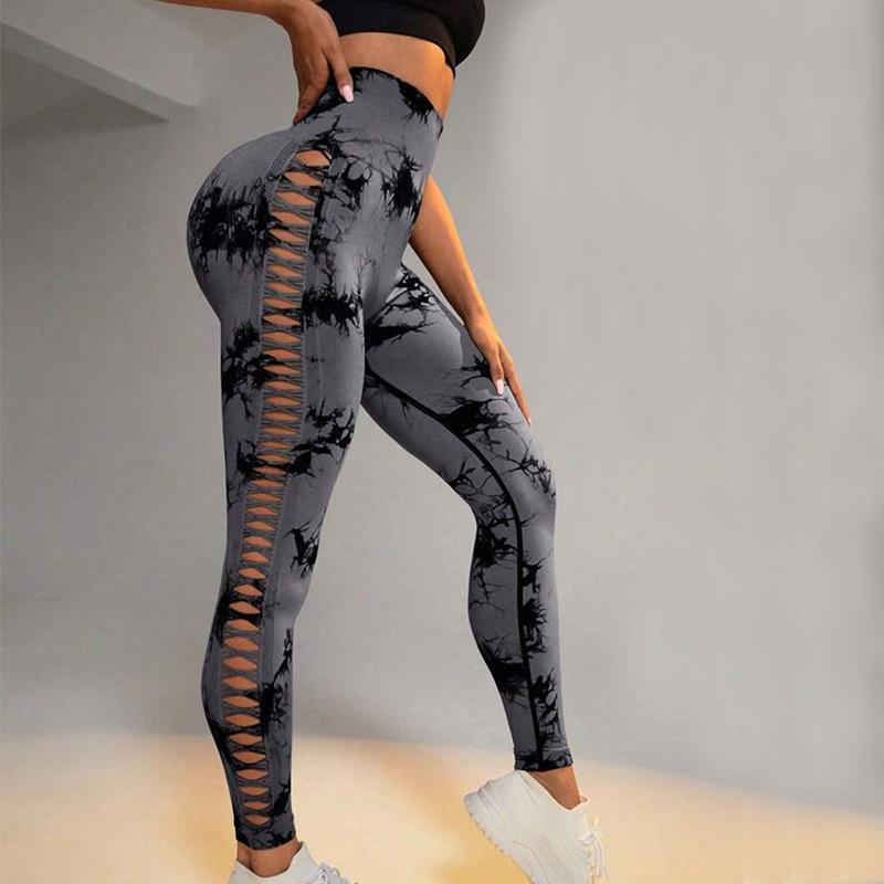 European & American Tie-Dye Mesh Yoga Pants: High Elastic, Seamless, Side Cutout, Outerwear Leggings with Hip Lifting Feature