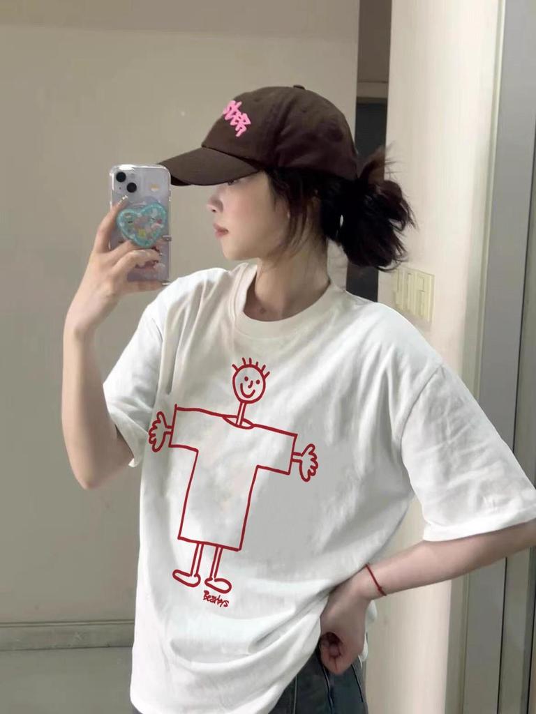 Women's White Cartoon Print Cotton T-Shirt - Loose Fit, Short Sleeves, Summer 2026 Collection