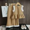Koreanische Version Kinderkleidung Mädchen Blau Imitation Denim Anzug Sommer Ärmelloses Oberteil + Weite Hose Zweiteiliges Set