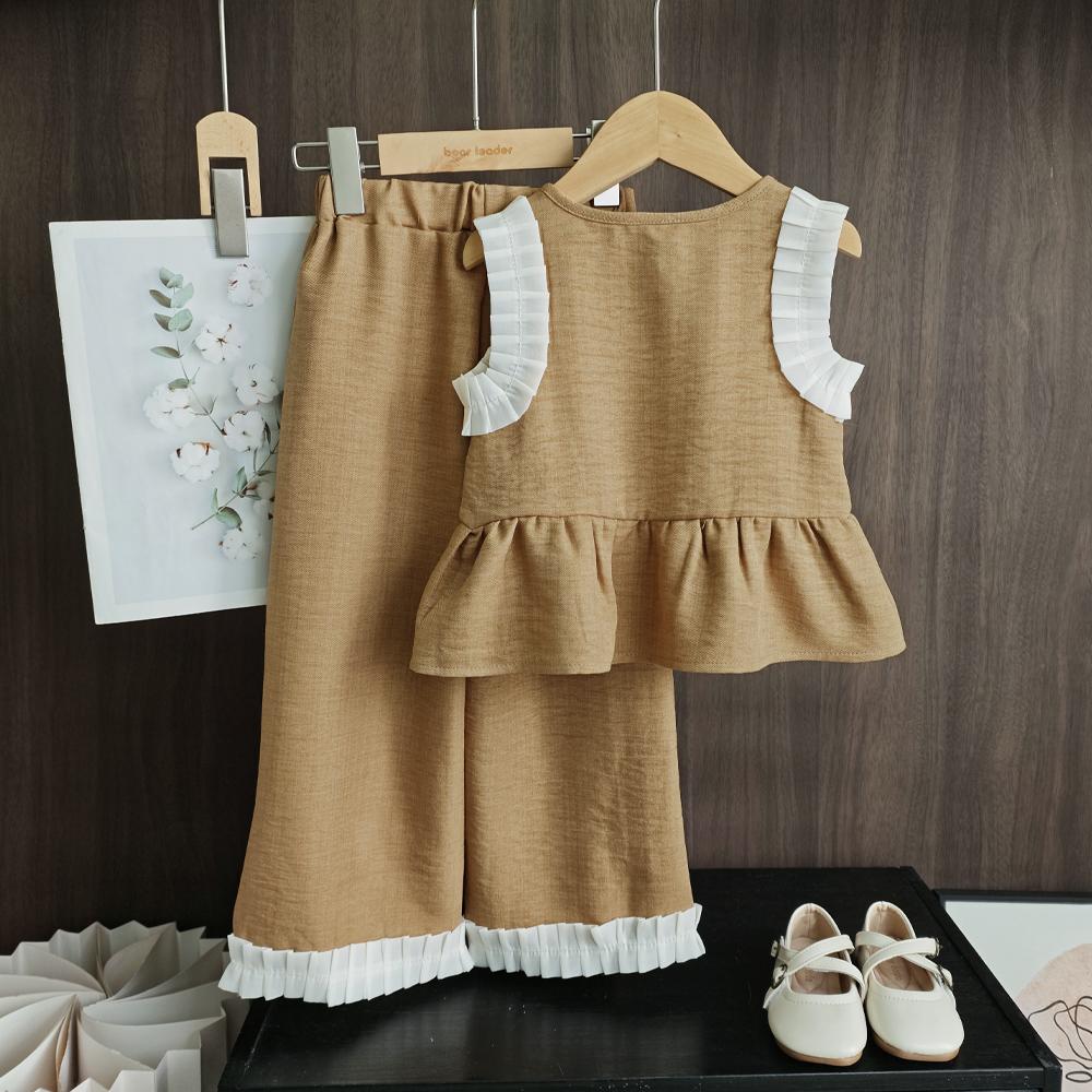 Koreanische Version Kinderkleidung Mädchen Blau Imitation Denim Anzug Sommer Ärmelloses Oberteil + Weite Hose Zweiteiliges Set
