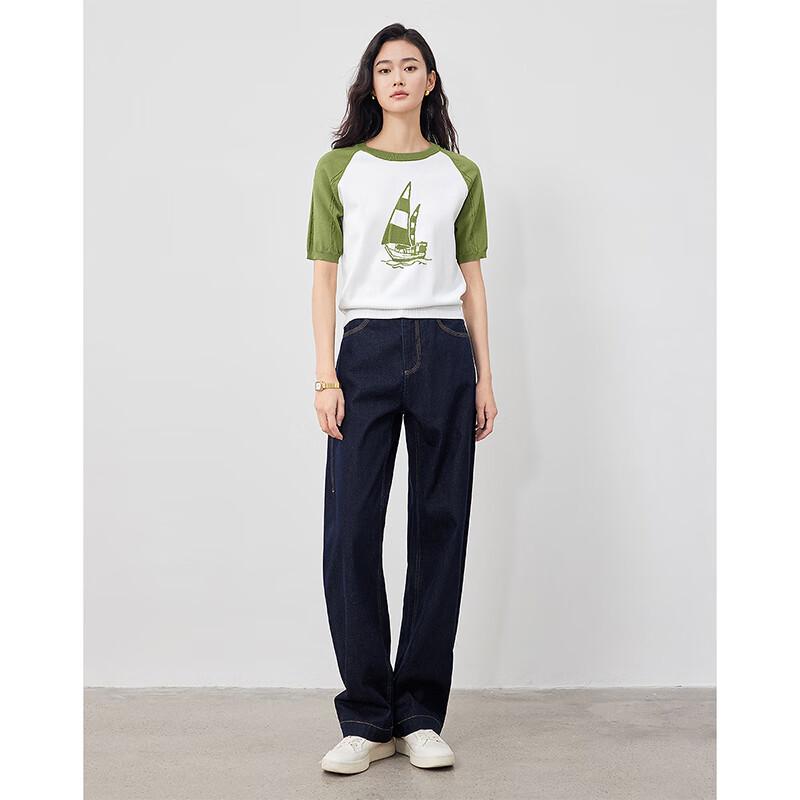 Chuyu Women's Sailboat Jacquard Short-Sleeve Knit Top