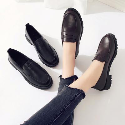 Pointed Mid-heel Leather Shoes Women's Japanese Clothing Shoes College Style Black-brown Loafer Single Shoe Leather