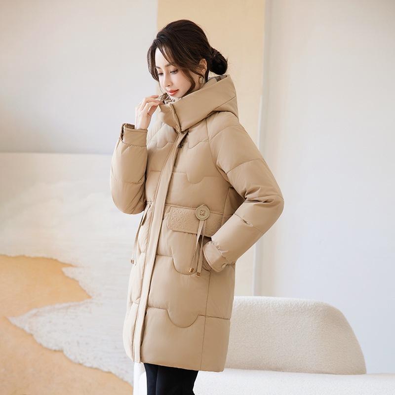 Middle-aged and elderly medium and long hooded cotton-padded clothes women's drawstring waist cotton clothes thickened warm jacket entity