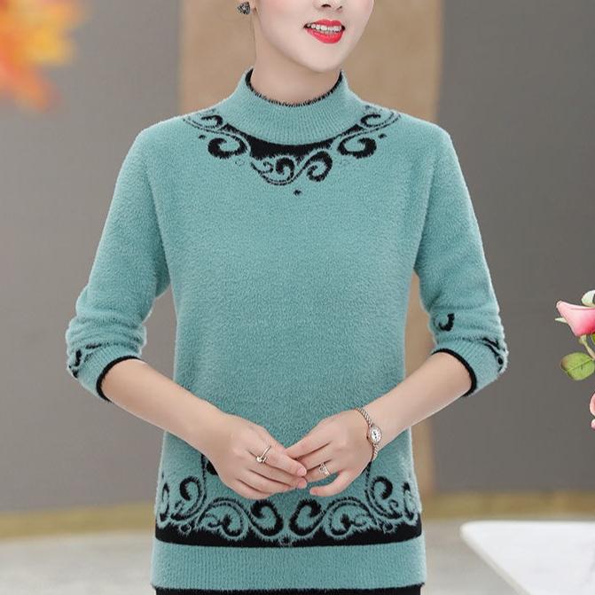 Women's Thick Faux Mink Fleece Sweater Autumn Winter Long Sleeve Printed Knitted Pullover Sweater Loose Warm Stretch Knit Sweater