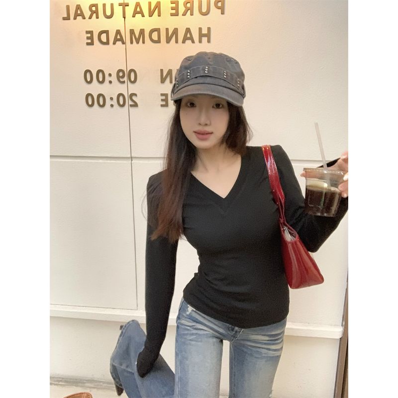 Kumikumi Basic Style Minimalist V Neck Long Sleeves T-shirt Women Fall Younger Slim-Fit Slim Looking Inner Bottoming Shirt Tops