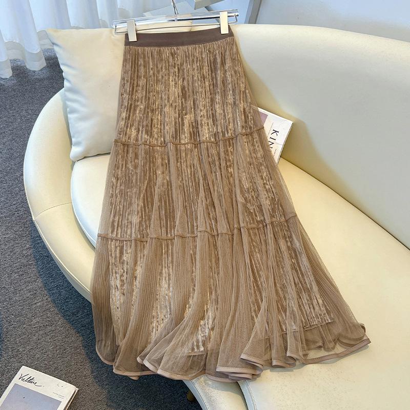 

Бархатная и прозрачная двухслойная длинная юбка с плиссированными юбками А-силуэта однотонной расцветки для осени one size