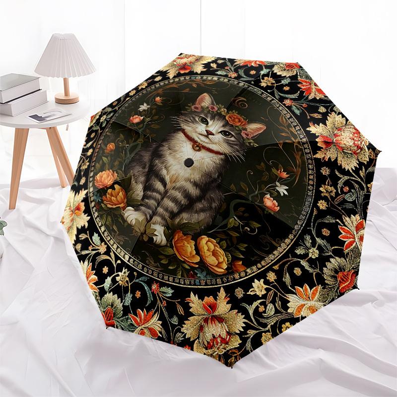 Cat Portrait, Floral FrameThemed Automatic Opening and Closing umbrella 8 Ribs, Suitable for Leisure and Going Out, Outdoor Accessory, Got