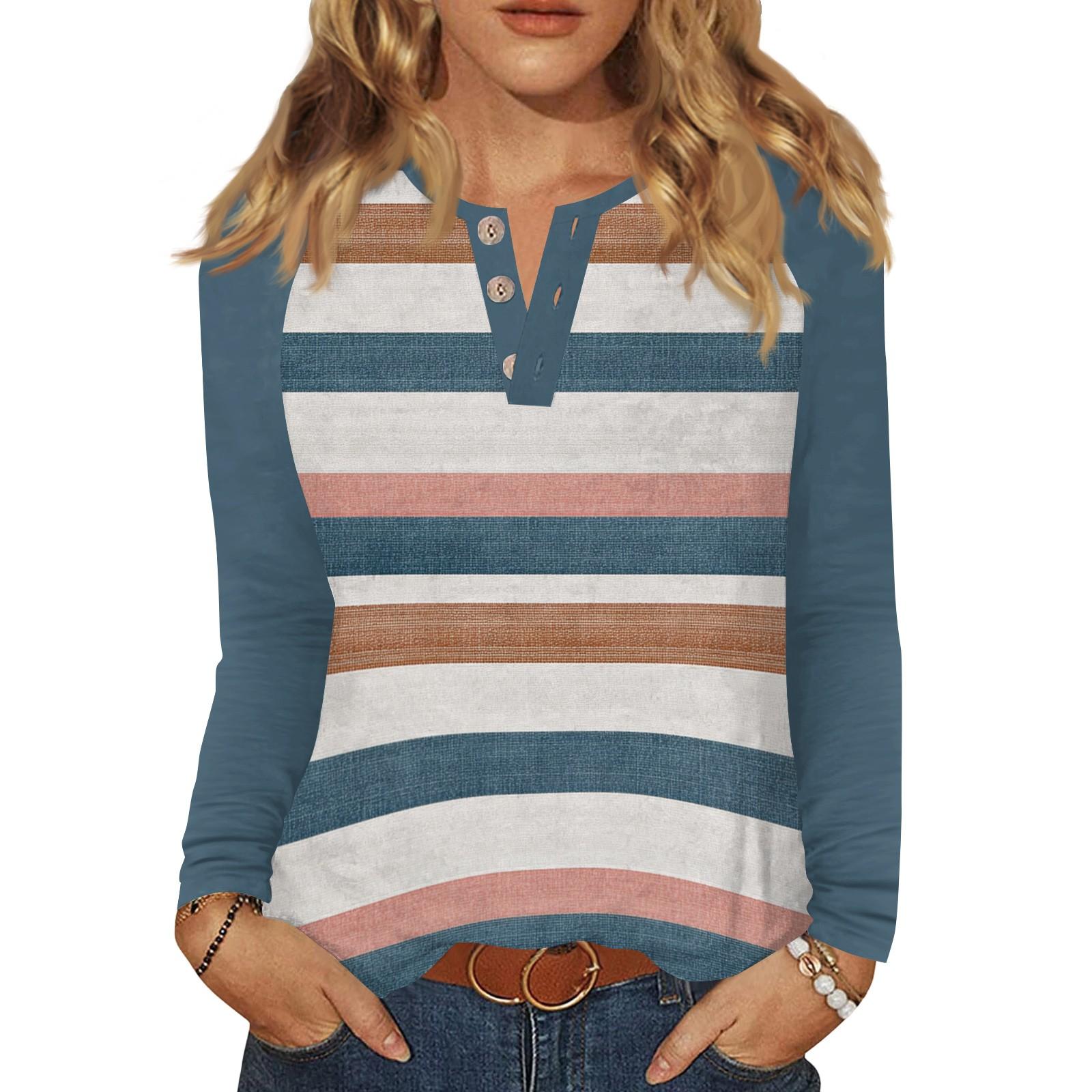 

Женская футболка с принтом, на пуговицах, с длинным рукавом, повседневная, для выходных, модная, базовая, с V-образным вырезом, обычный топ L синий