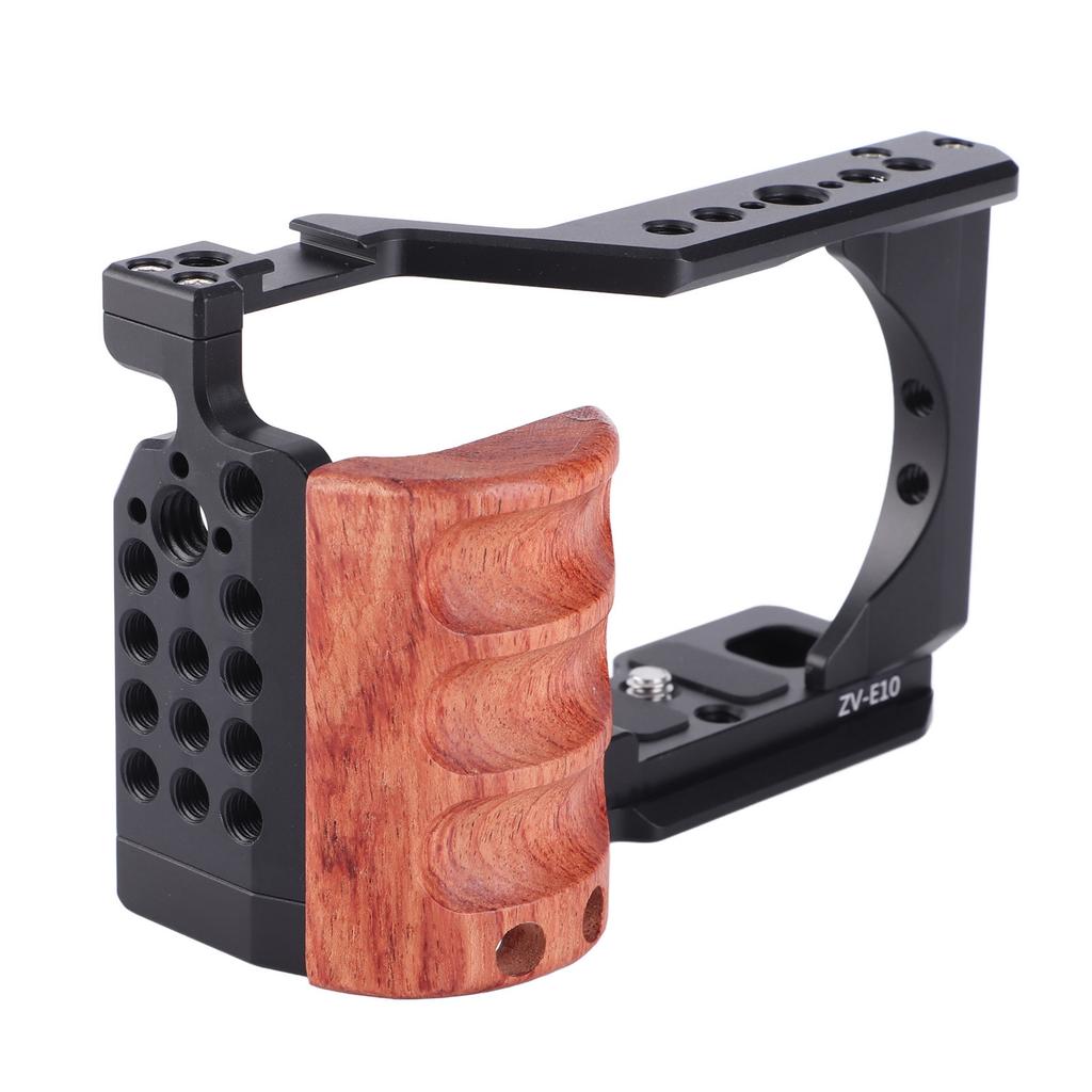 JLwin Camera Cage with 3 8in Locating 1 4 In Threads Cold Shoes Wooden Handle Video Camera Cage Rig for ZV E10