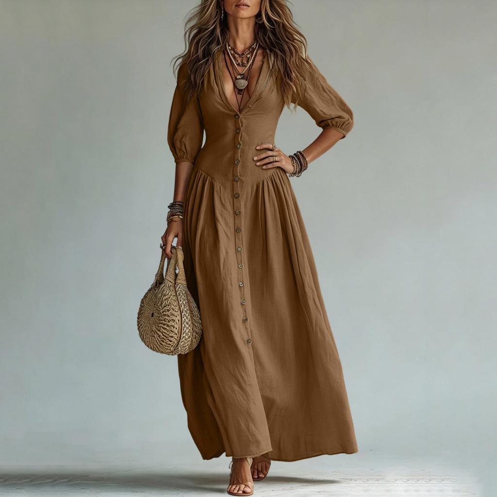 Women Deep V Neck Maxi Dress with Five Quarter Sleeves Button Down Front Elegant Casual Long Dress Flowy Fit for Daily Wear