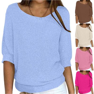 Pull-over tricoté à manches 3/4 et col rond pour femme, couleur unie, tendance
