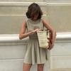 Women's  Spring Summer New Cotton Linen Casual Set Crew Neck Vest + Pleated Mini Skirt Outfit European American Style