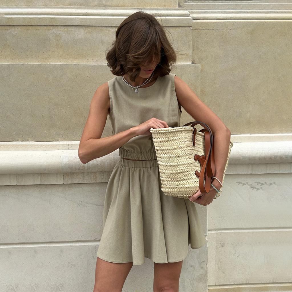 Women's  Spring Summer New Cotton Linen Casual Set Crew Neck Vest + Pleated Mini Skirt Outfit European American Style