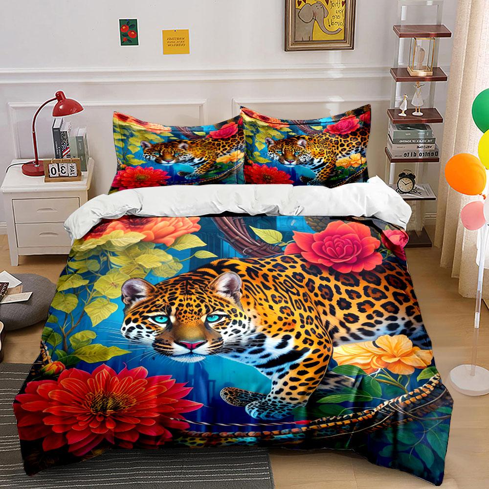Leopard Floral Art Decoration Set Multiple Sizes Kid'S And Adults' Bedroom Exquisite 3Pc Bedding Set, Gift