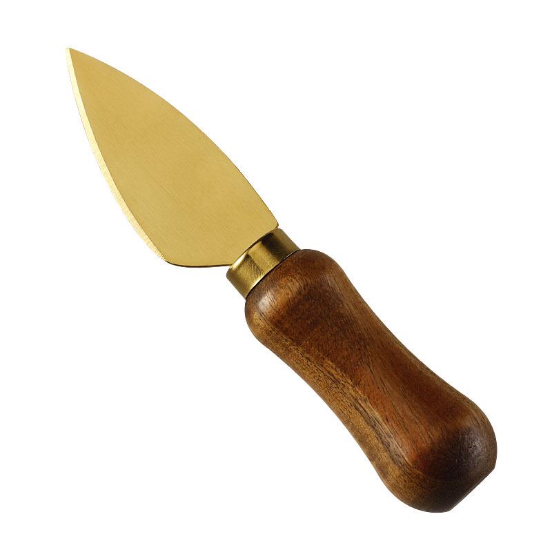 Stainless Steel Gold Cheese Knife with Acacia Wood Handle, Fork, and Spatula Utensils Set